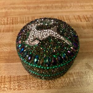 Green and Jewel Toned Beaded and Clear Rhinestone Reindeer Gift Box Small